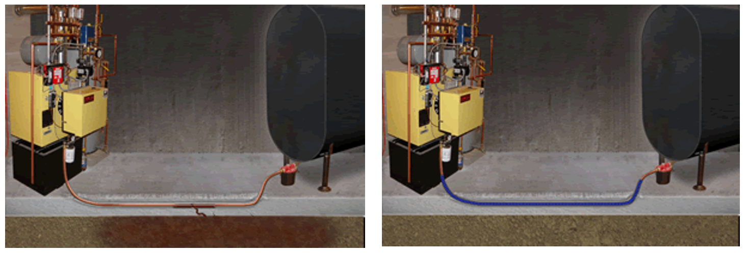 Below grade view of a leaking unprotected buried copper fuel line (right) and a properly protected (sleeved) buried copper fuel line (right)